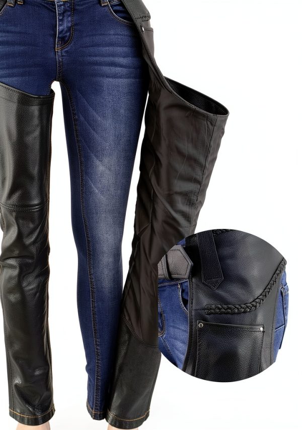Women's Protective Chaps Shaf Black Leather with Braided Accents-2