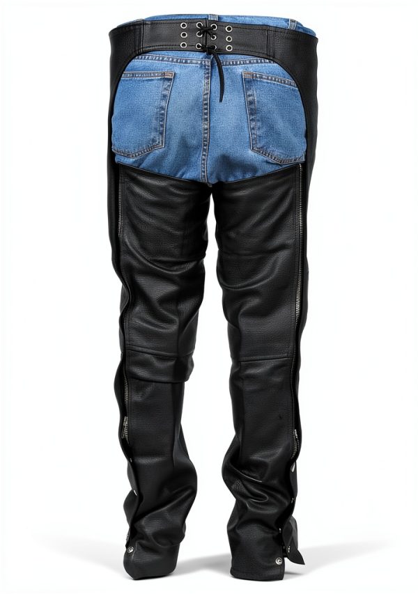 RiderGear LC-001 Black Leather Motorcycle Chaps Unisex Adjustable with-1