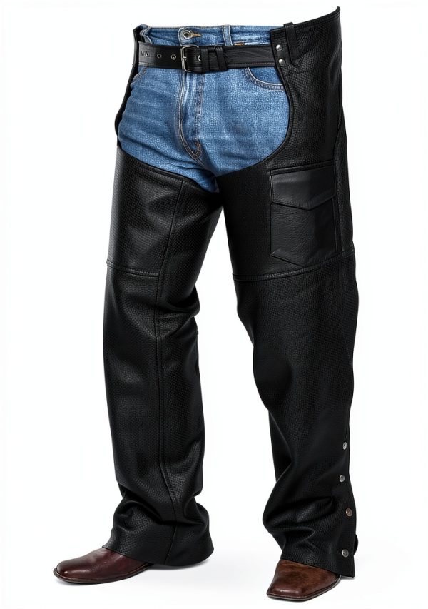 RiderGear LC-001 Black Leather Motorcycle Chaps Unisex Adjustable with-0