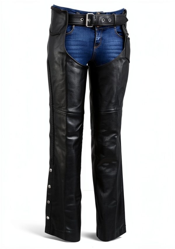Women's Protective Chaps Shaf Black Leather with Braided Accents-0