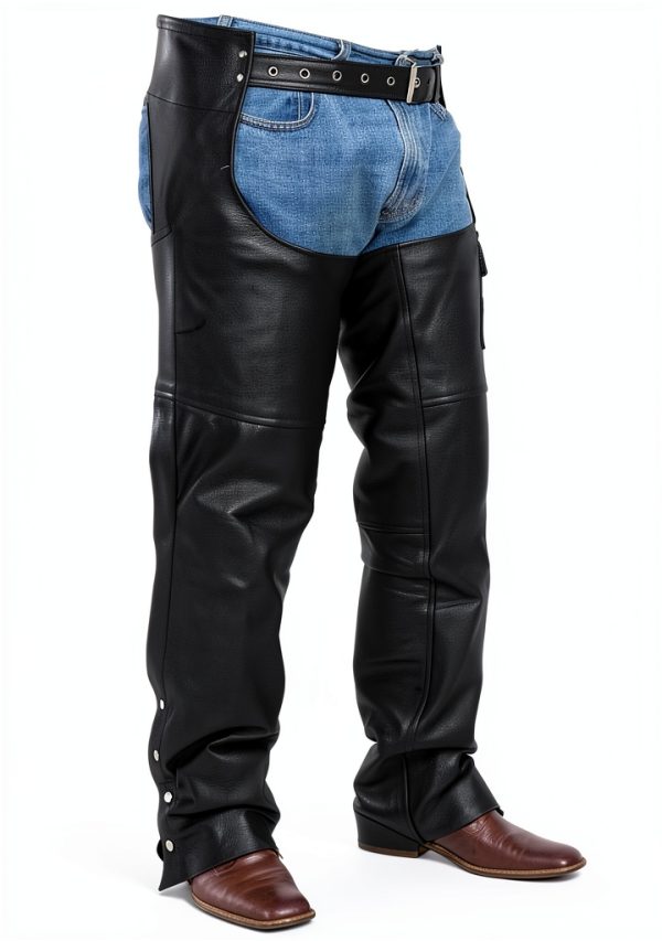 RiderGear LC-001 Black Leather Motorcycle Chaps Unisex Adjustable with-2